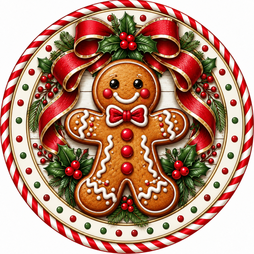 A gingerbread man figure surrounded by festive decorations, including red and white ribbons, holly leaves, berries, and a bow tie.