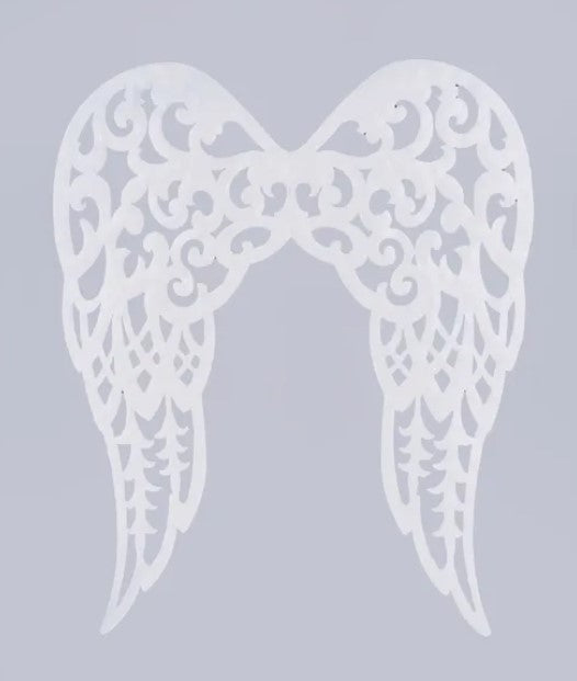 A pair of white, intricately designed wings against a light gray background.