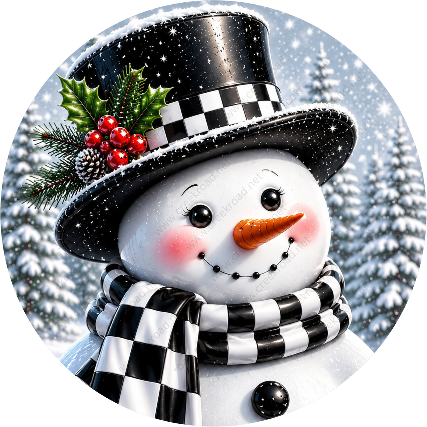 A cheerful snowman with a black and white top hat, a red and green holly leaf, and a black and white scarf, standing in a snowy winter landscape with pine trees in the background.