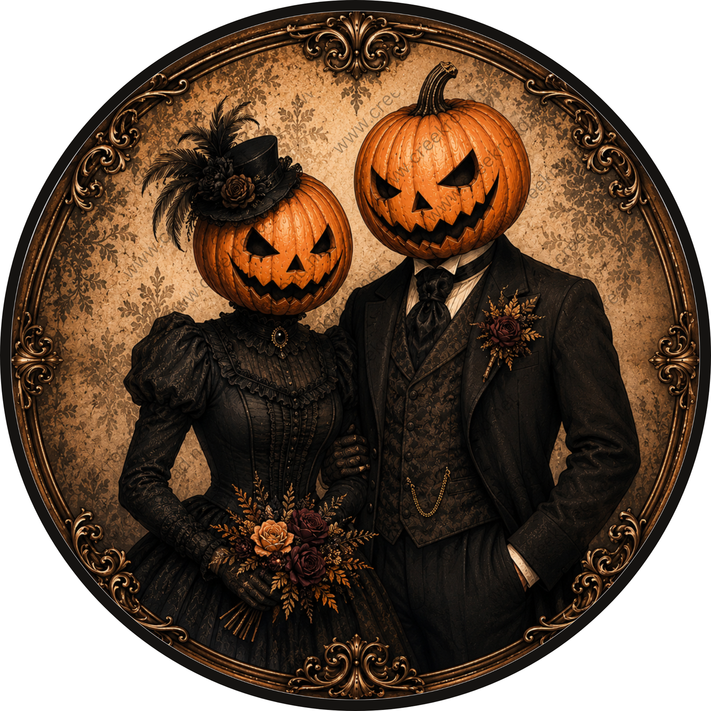 A couple dressed in Victorian-style attire, with one person wearing a pumpkin headpiece and the other a rose bouquet, posing together in an ornate frame.