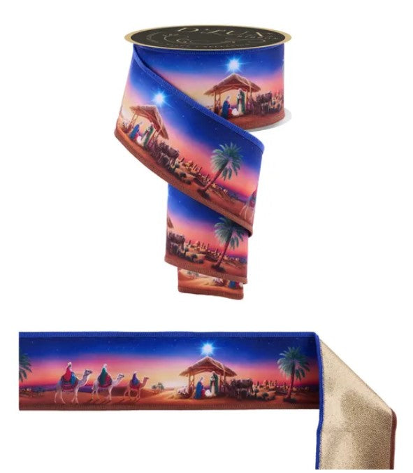 a roll of ribbon with a desert scene printed on it, depicting a nativity scene with people, camels, and a manger.
