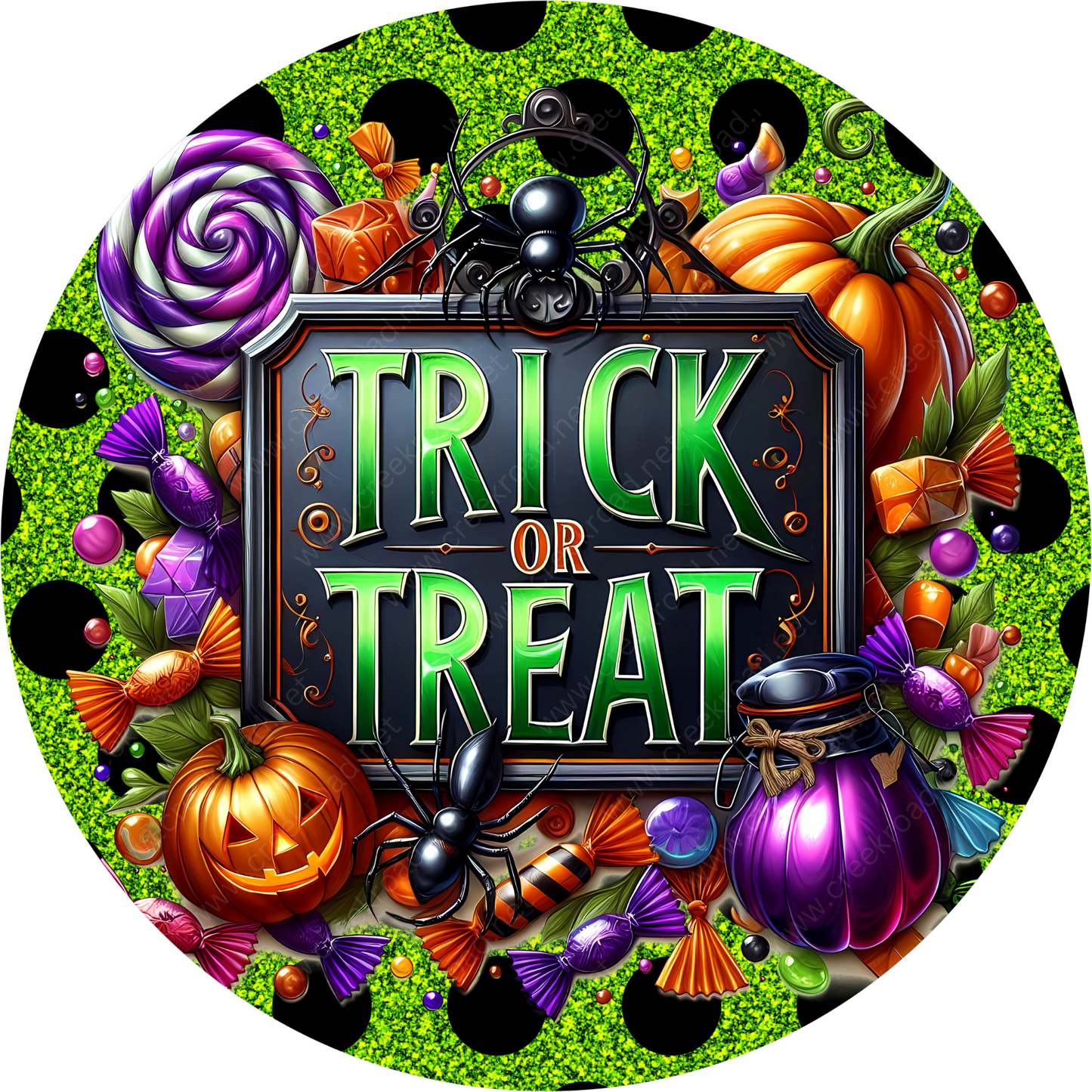 a trick or treat sign surrounded by halloween decorations