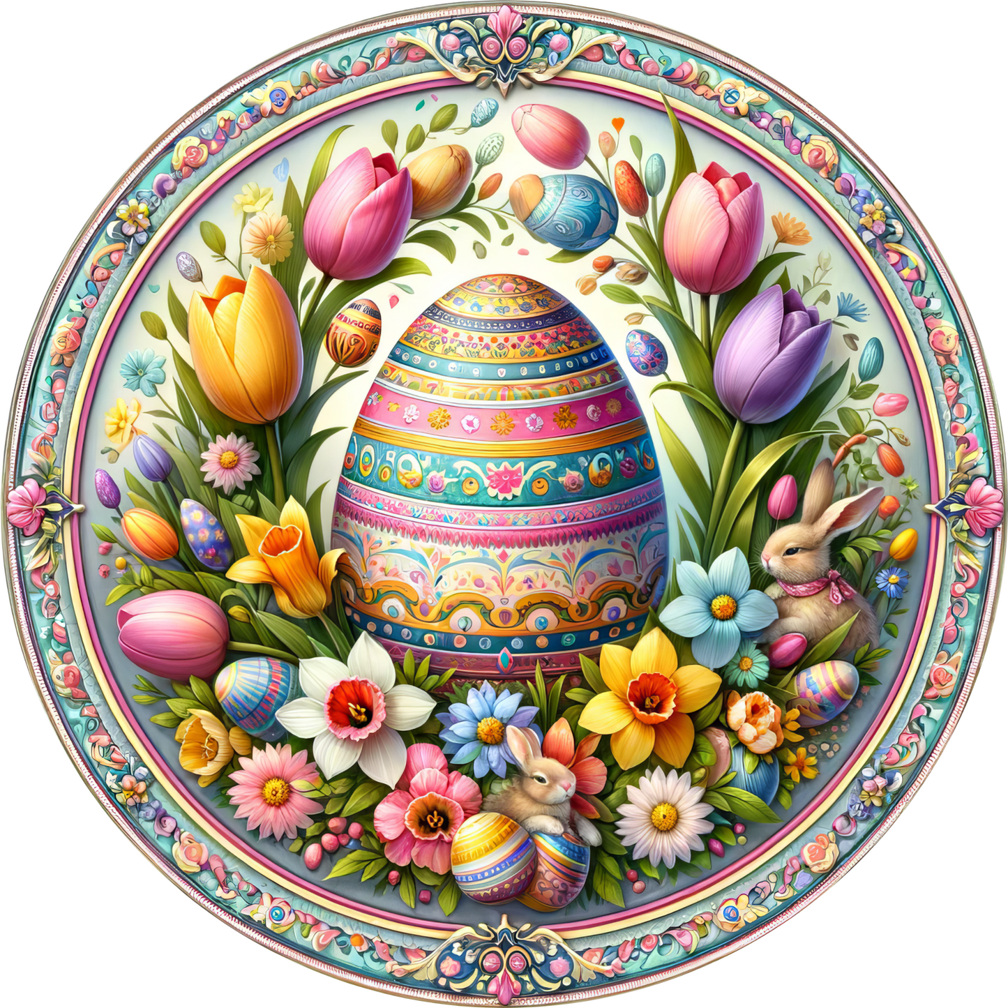 a painting of an easter egg surrounded by flowers