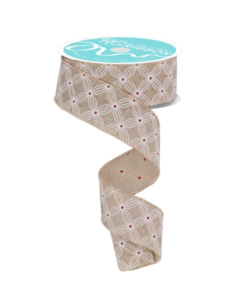 A beige and white floral patterned ribbon is shown, with a turquoise label on top.