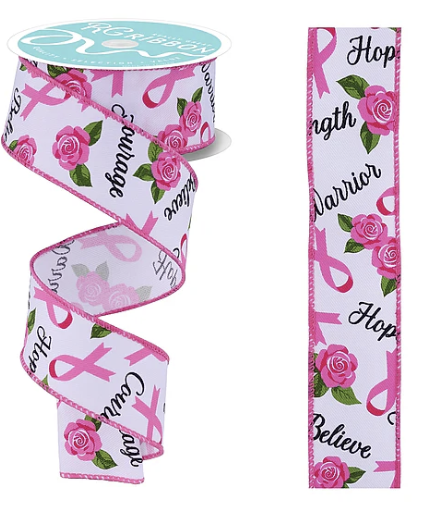 a pink ribbon with a pink rose pattern and the words "Hope" and "Believe" printed on it.