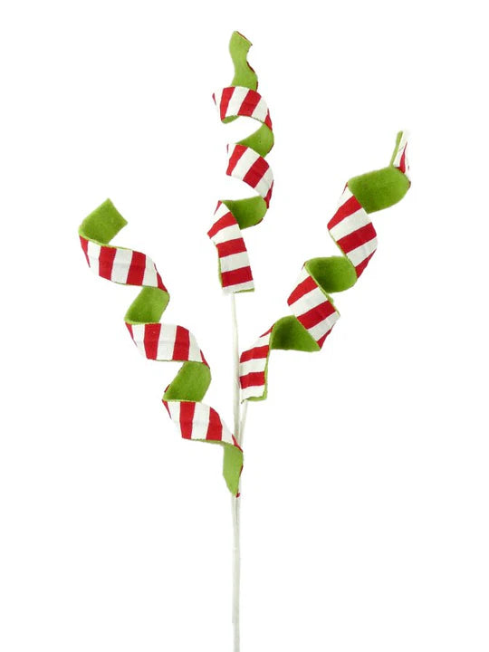 a green and red striped candy cane on a white background