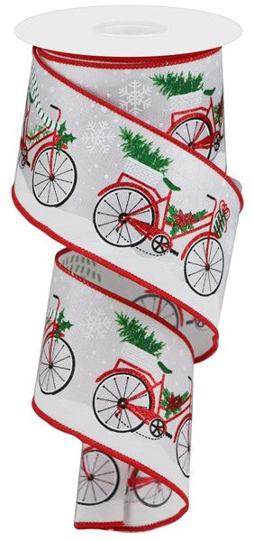 a roll of christmas ribbon with a bicycle on it