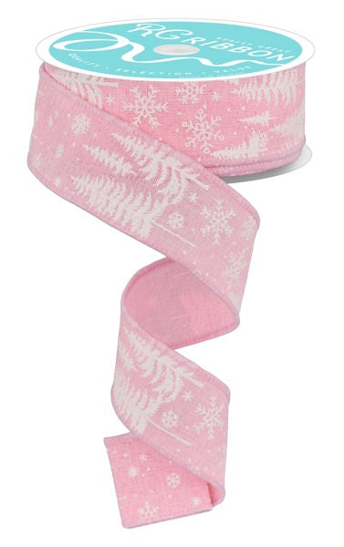a pink ribbon with white snowflakes on it