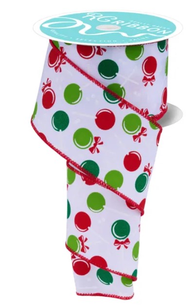 A white ribbon with a polka dot pattern in red, green, and white colors.