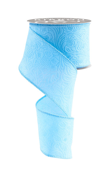 a roll of light blue satin ribbon on a white background