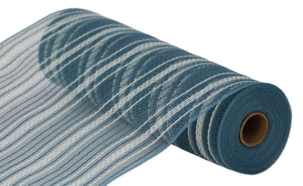 A roll of blue and white striped mesh material.