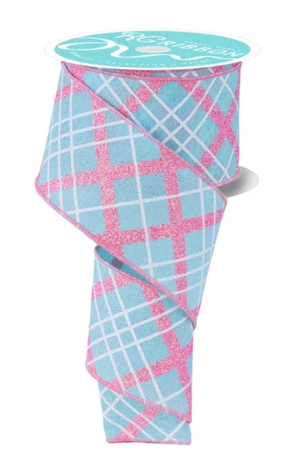 A roll of ribbon with a blue and pink checkered pattern.