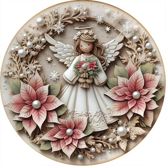 a plate with a angel holding a bouquet of flowers