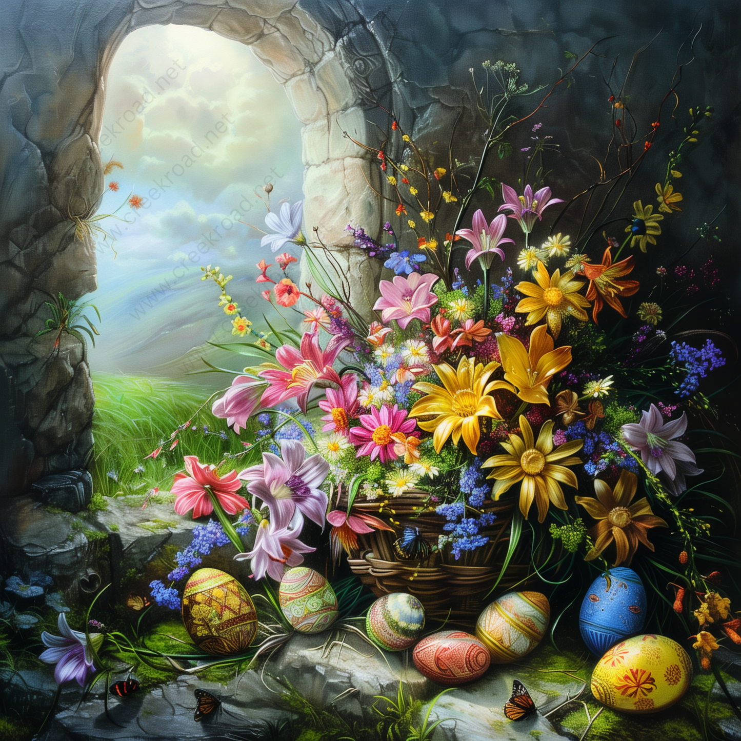 a painting of a basket of flowers and eggs