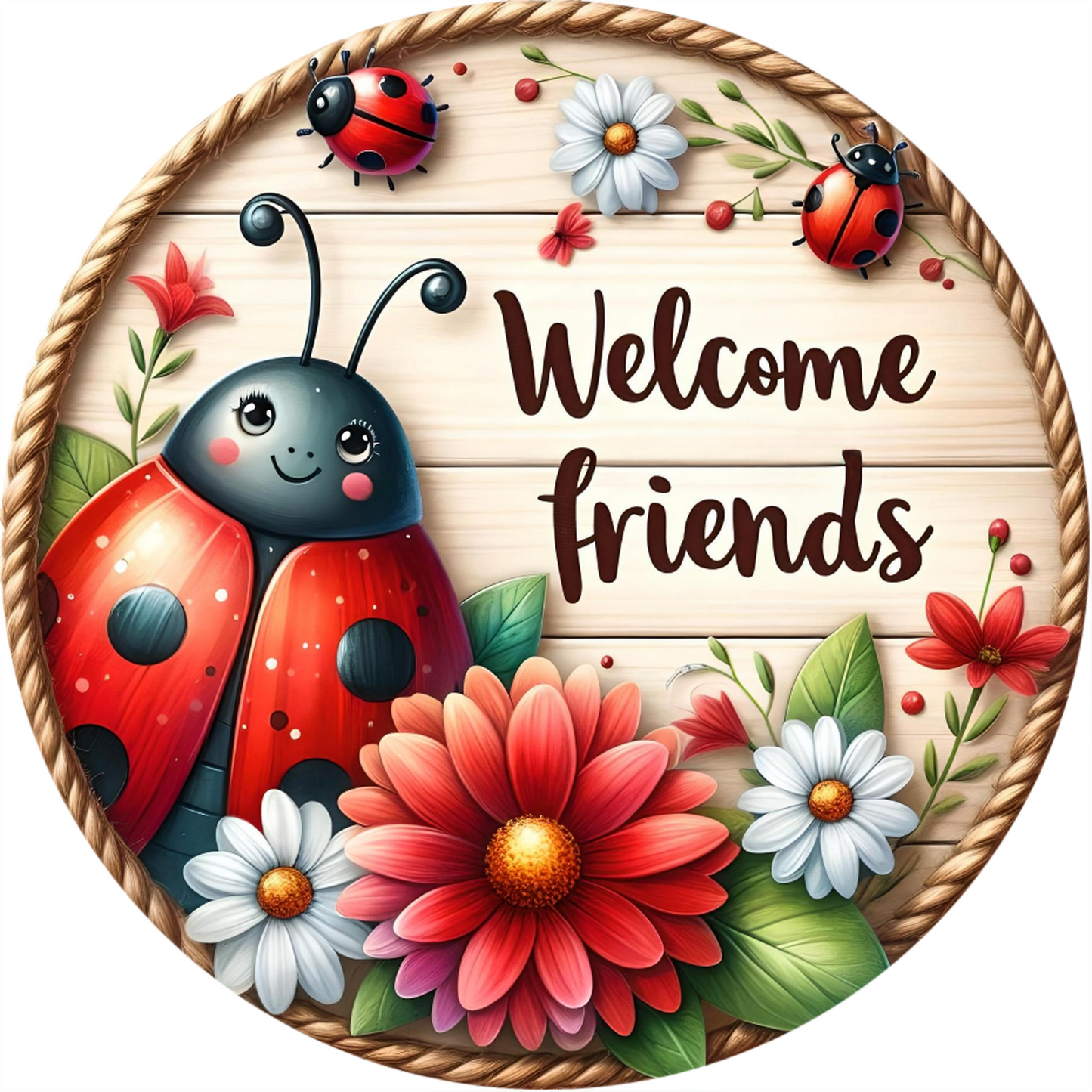 a welcome sign with a ladybug and flowers