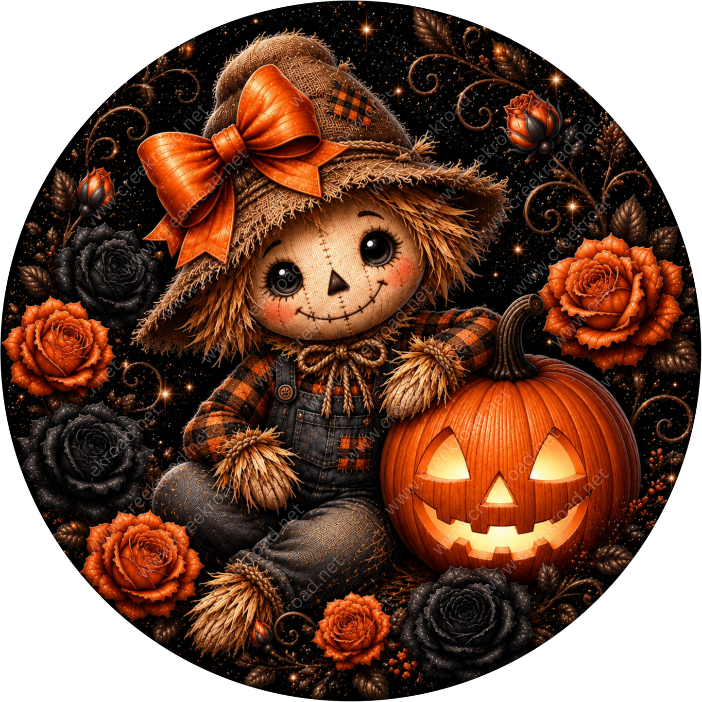 A Halloween-themed illustration featuring a scarecrow doll with a carved pumpkin, surrounded by autumn flowers and leaves.