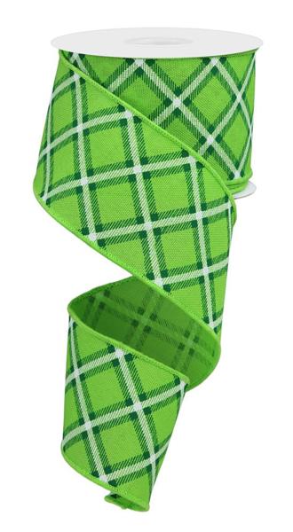 a roll of green plaid ribbon on a white background