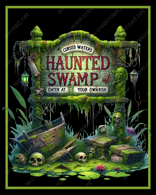 a painting of a swampy swamp with a sign that says haunted swamp