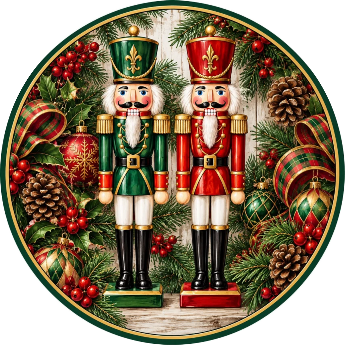 A circular arrangement of two nutcracker figurines, one in green and the other in red, surrounded by Christmas decorations such as pine cones, berries, and ornaments.