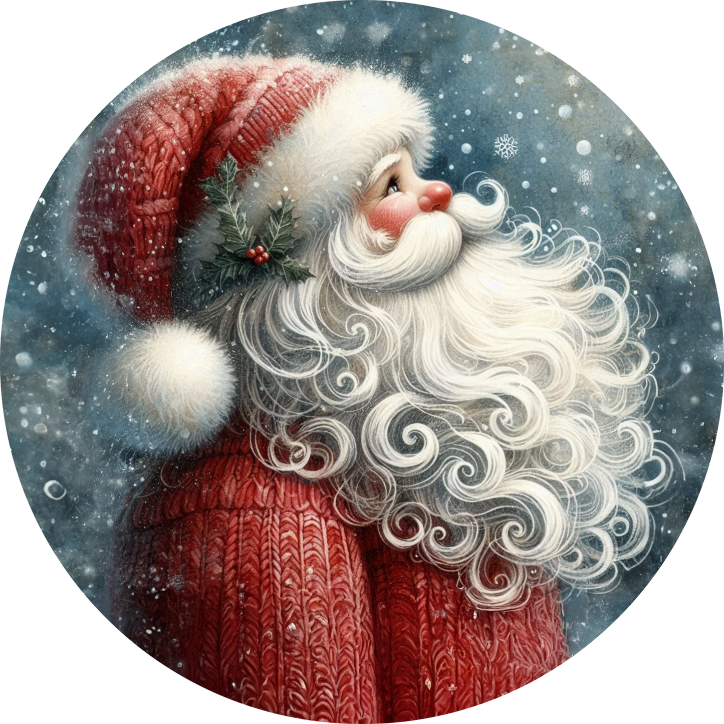 a painting of a santa clause wearing a red hat