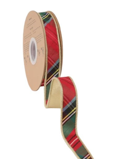 A roll of red, green, and black plaid ribbon with a gold trim.