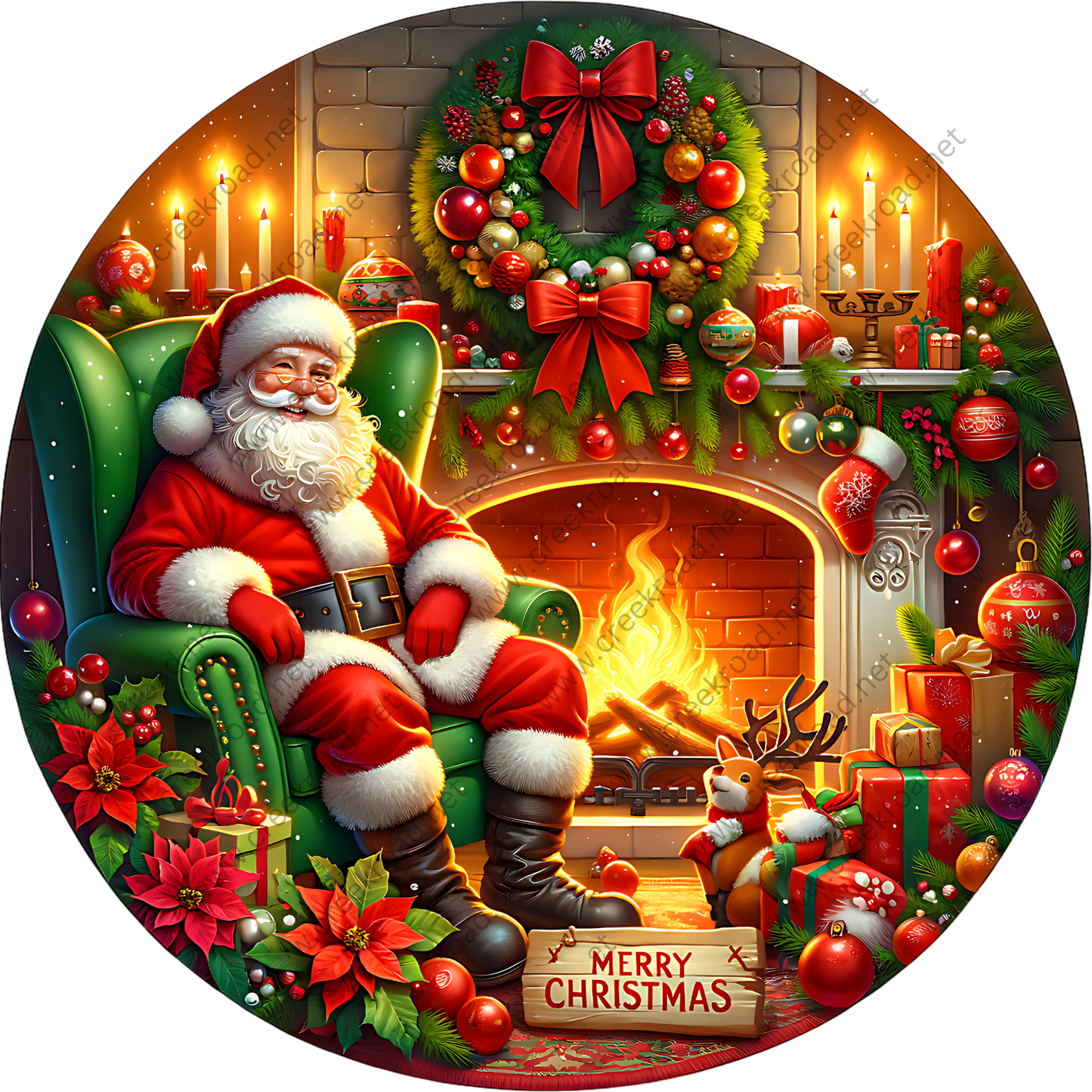 Santa Claus sitting in a chair in front of a fireplace, surrounded by Christmas decorations and gifts.