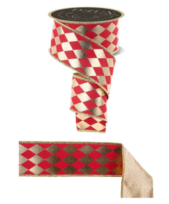 a red and gold checkered ribbon with a gold trim, and a smaller ribbon with a red and gold checkered pattern.