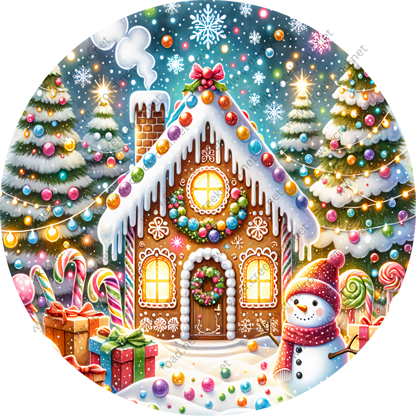 A whimsical, snow-covered gingerbread house surrounded by Christmas decorations, including a snowman, presents, and candy canes, all set against a starry night sky.