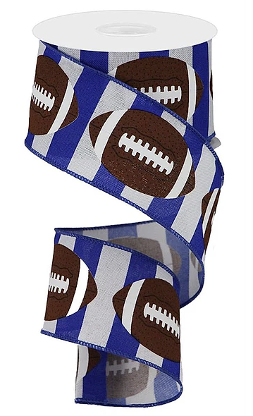A roll of blue and white striped ribbon with a football design printed on it.