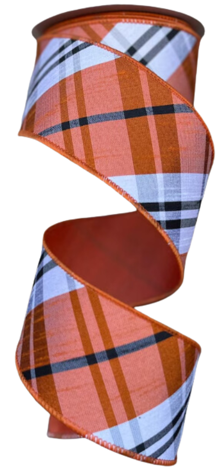 an orange and white plaid ribbon on a white background