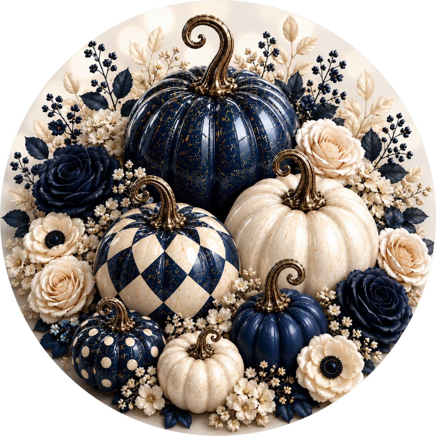 A circular arrangement of decorative pumpkins and flowers, featuring a mix of blue, white, and black colors.