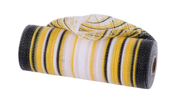 A roll of black, white, and yellow striped mesh.