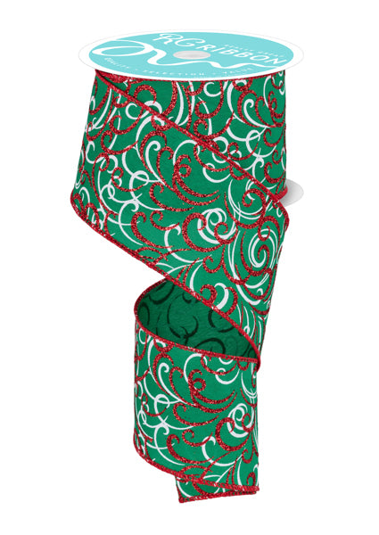 a green and red christmas ribbon with red and white swirls