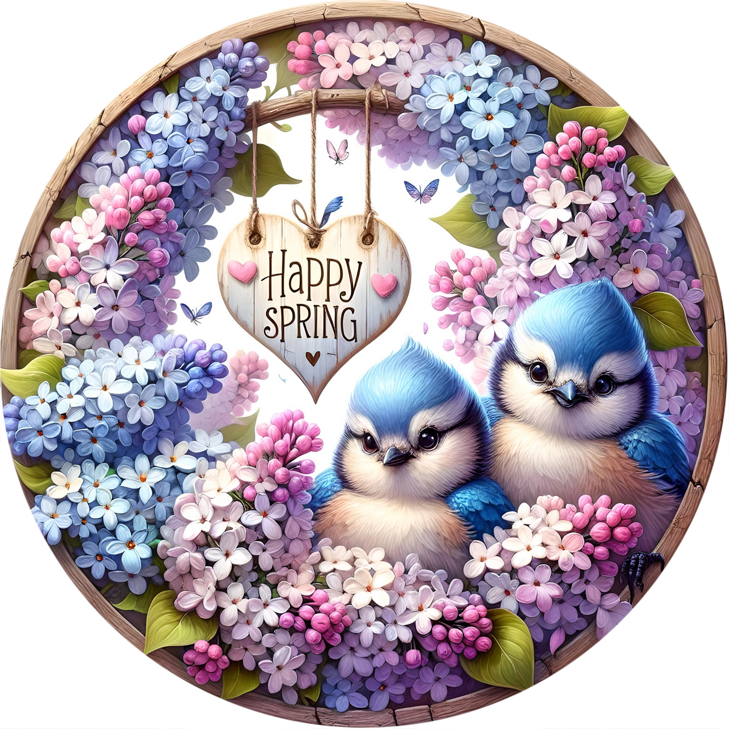 a painting of two blue birds in a wreath of flowers