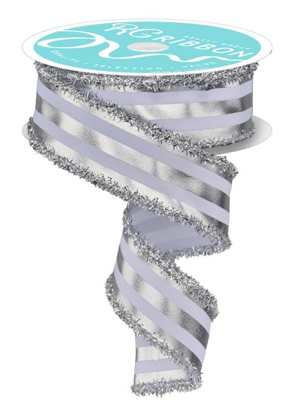A silver and white striped ribbon with a metallic fringe, displayed against a white background.