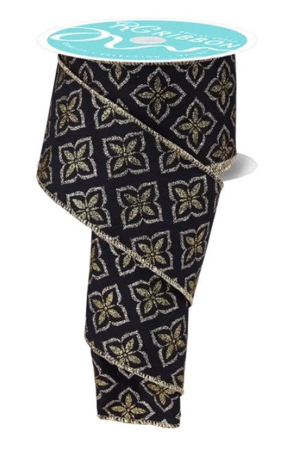 a black and gold floral patterned ribbon.