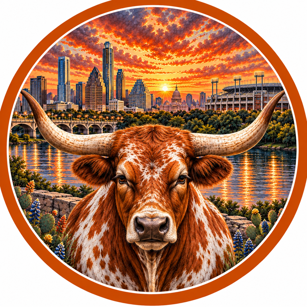 A close-up of a bull with large horns, set against a vibrant sunset over a city skyline.