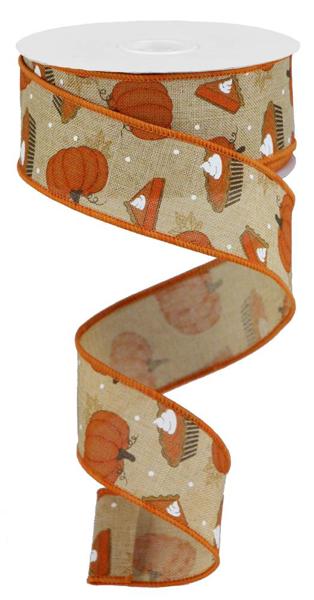 a roll of orange and white ribbon with pumpkins on it