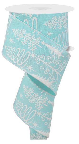 A turquoise and white snowflake-patterned ribbon is shown, with the ribbon winding around itself in a spiral pattern.