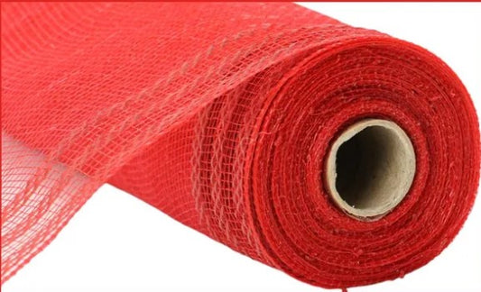 A roll of red mesh or plastic material with a white cardboard tube at the end.