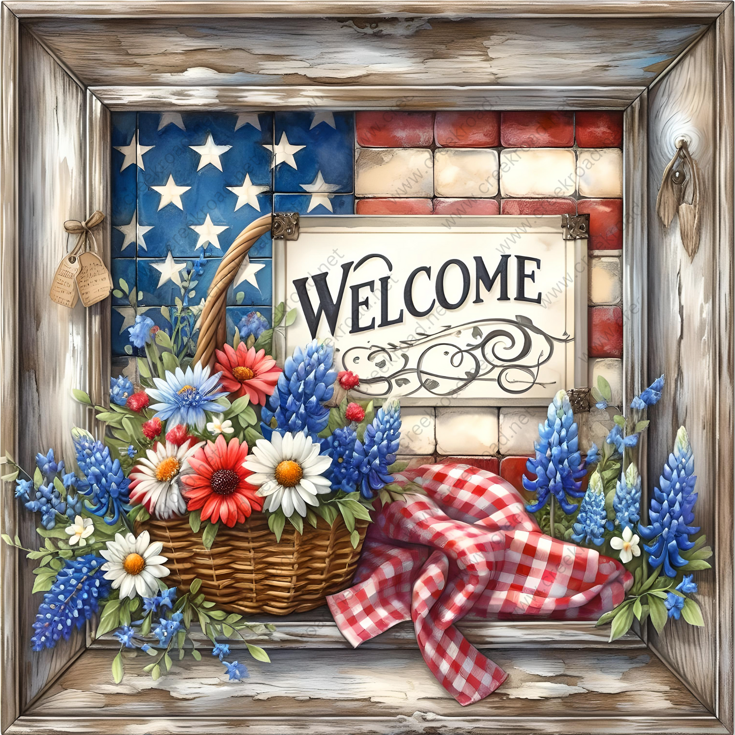 a painting of a welcome sign with a basket of flowers
