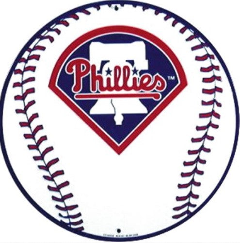A baseball with the Philadelphia Phillies logo on it.