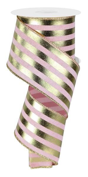 a roll of pink and gold striped ribbon