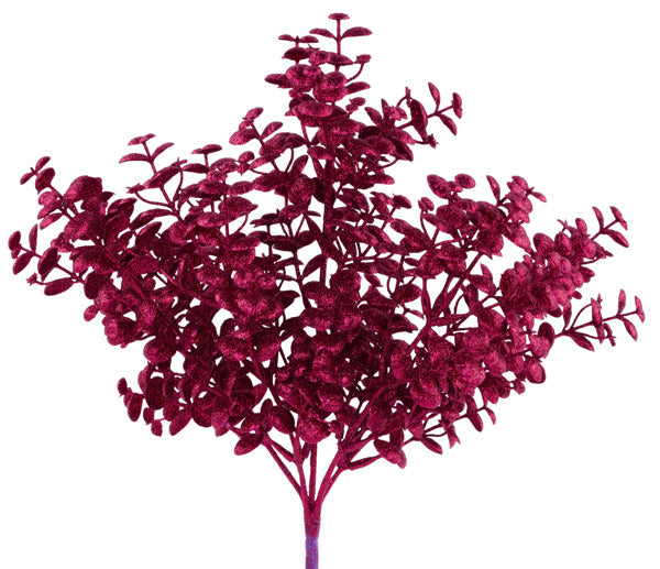 A vibrant, purple-colored artificial tree with numerous small leaves and branches.