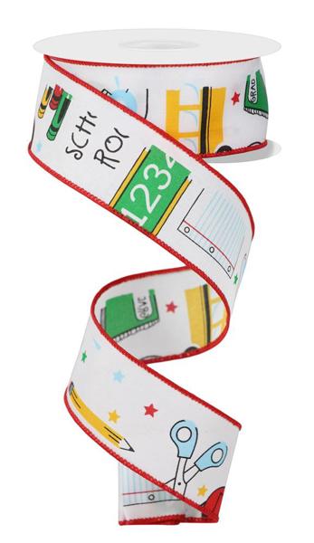 a white ribbon with a school bus design on it