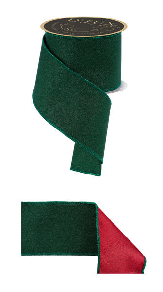 a green and red ribbon, with the green ribbon appearing to be a metallic or glittery material and the red ribbon appearing to be a solid color.