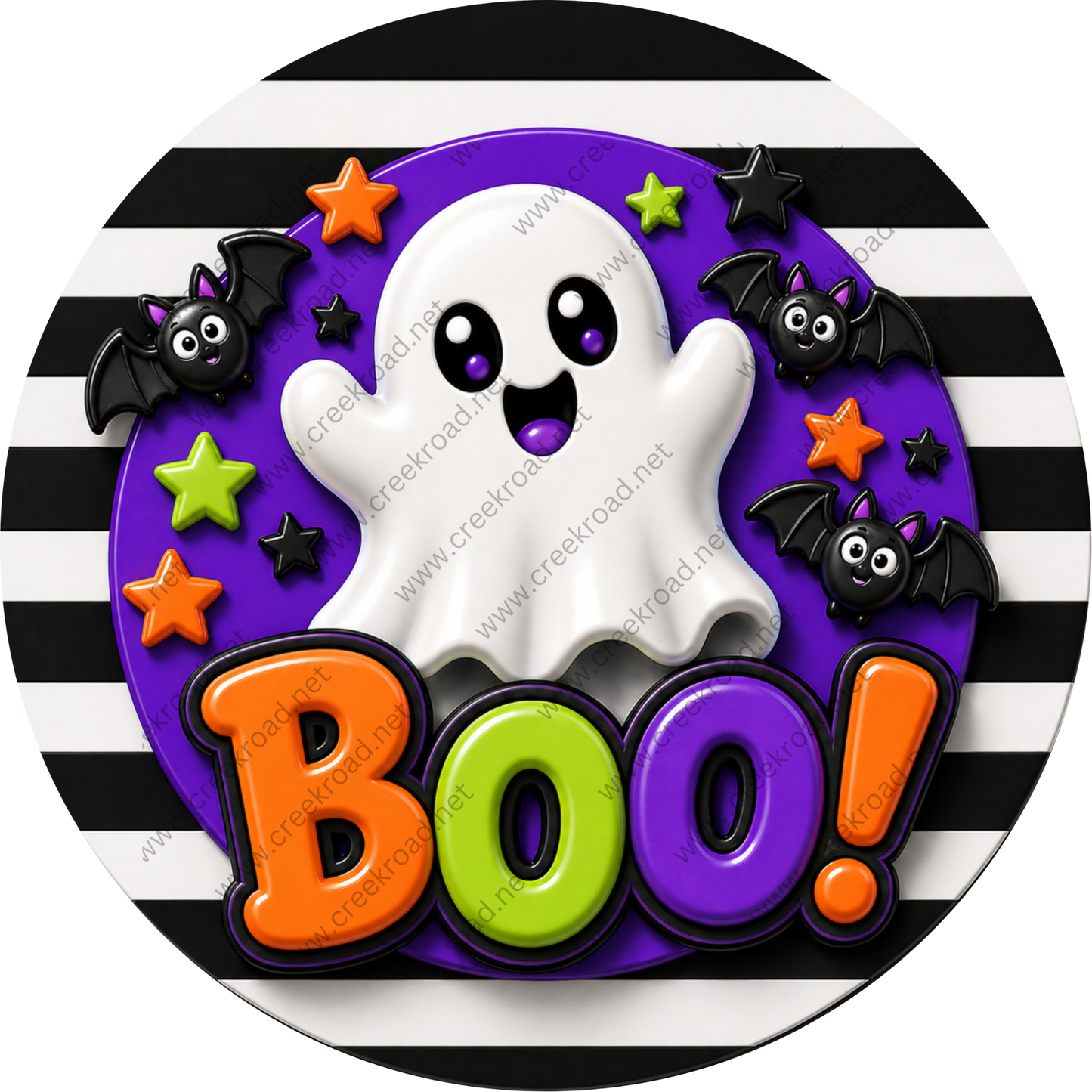 A Halloween-themed graphic with a ghost, bats, stars, and the word "BOO!"