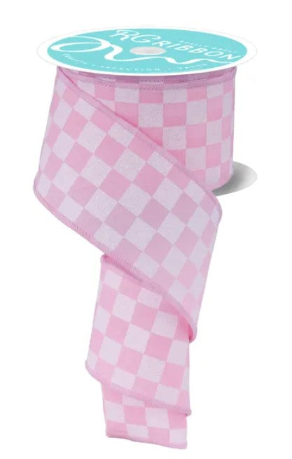 A pink and white checkered ribbon is shown, with the ribbon partially wrapped around a white spool.