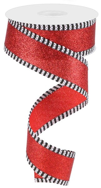 a red ribbon with black and white stripes