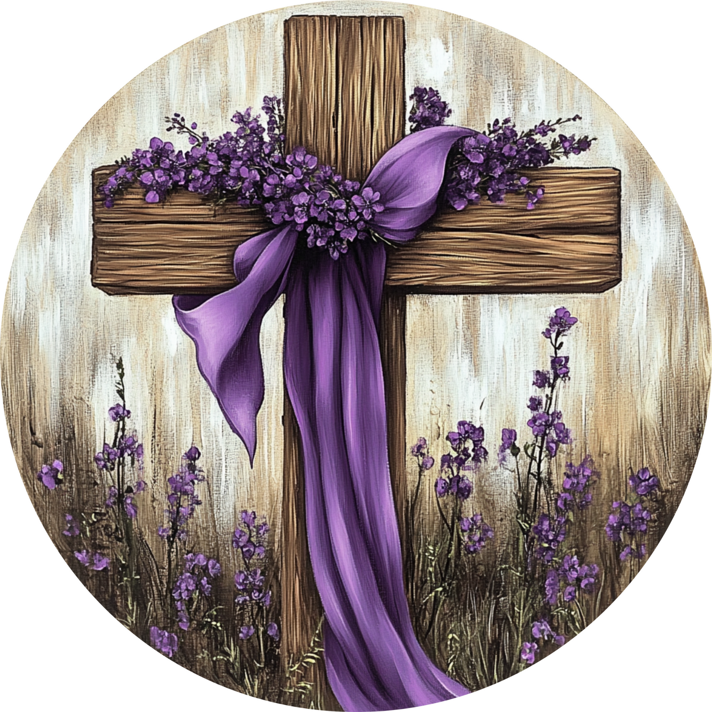 a painting of a cross with purple flowers on it